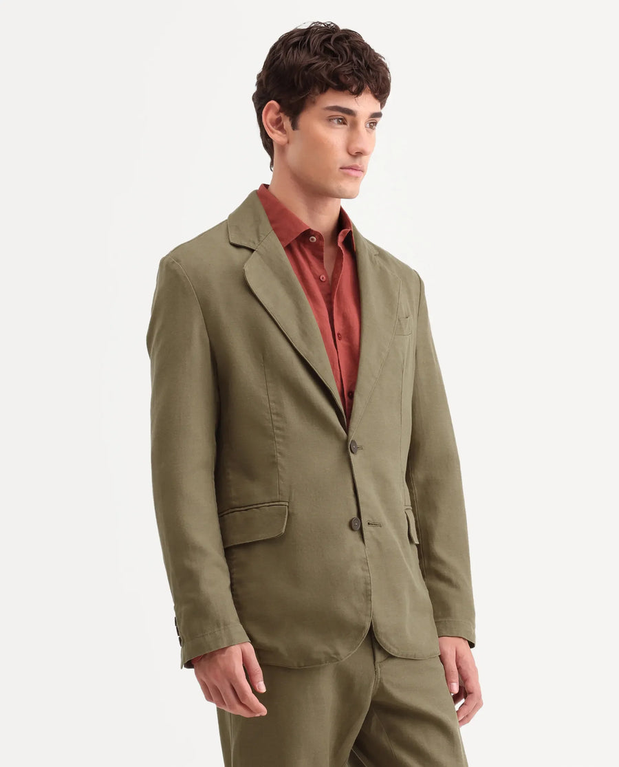 Rare Rabbit Men's Linol Khaki Linen Blend Fabric Lapel Neck Tailored Fit Plain Blazer