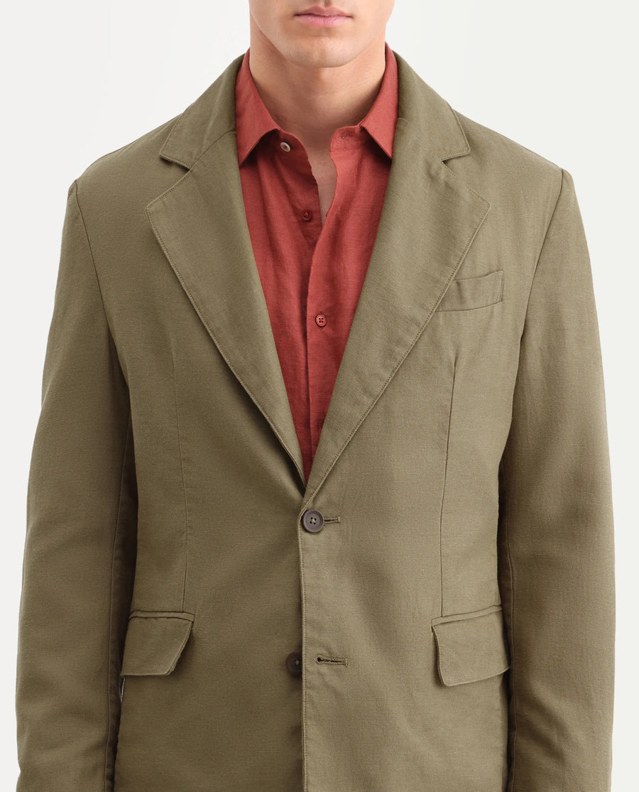 Rare Rabbit Men's Linol Khaki Linen Blend Fabric Lapel Neck Tailored Fit Plain Blazer