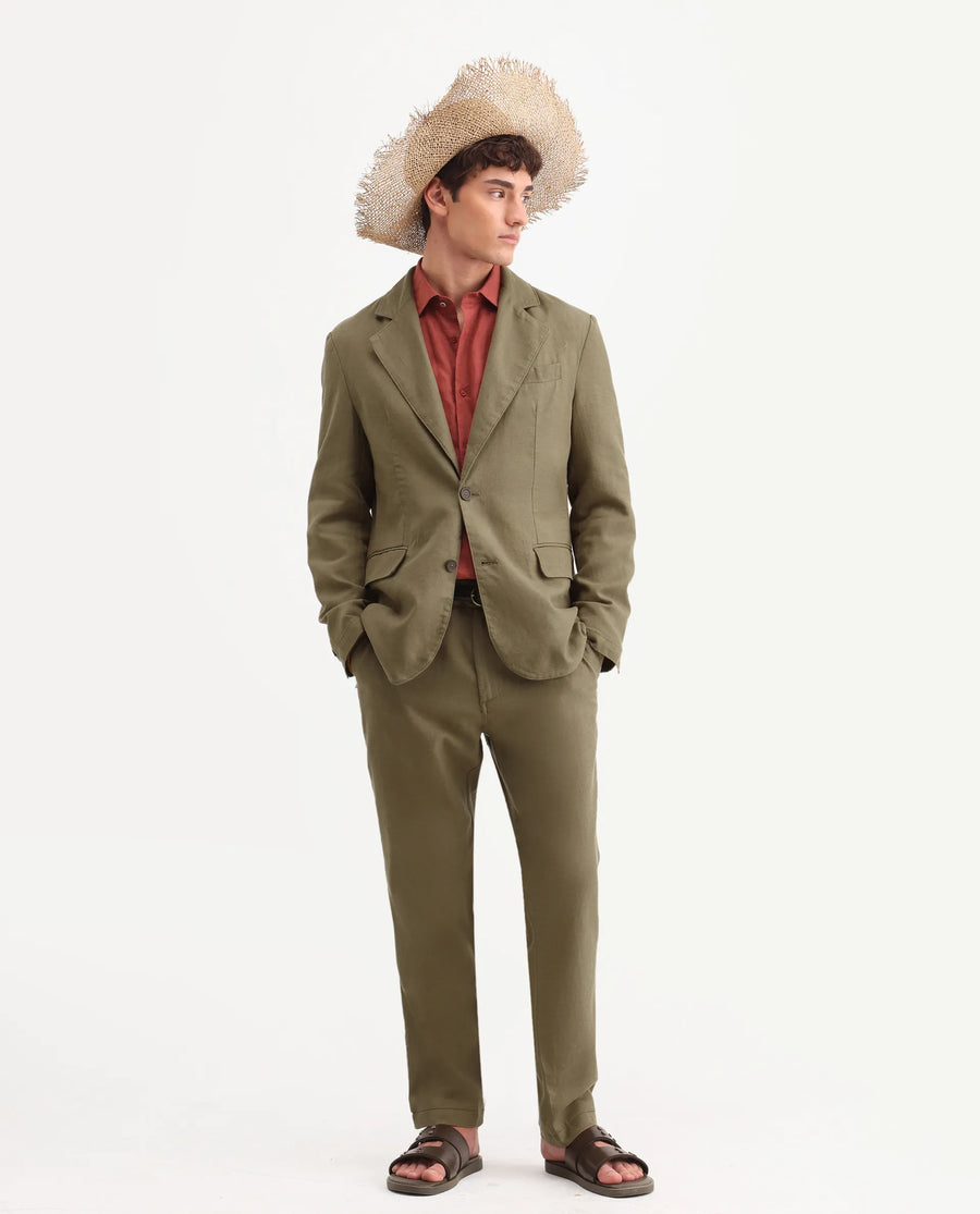Rare Rabbit Men's Linol Khaki Linen Blend Fabric Lapel Neck Tailored Fit Plain Blazer