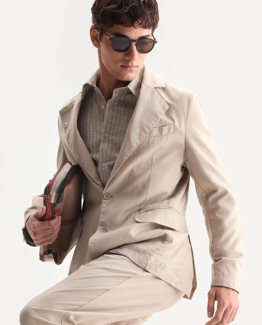 Rare Rabbit Men's Linol Beige Linen Blend Fabric Lapel Neck Tailored Fit Plain Blazer