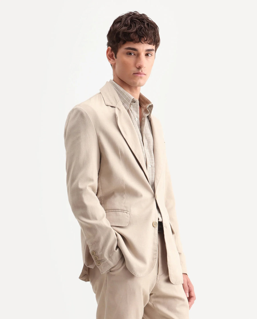 Rare Rabbit Men's Linol Beige Linen Blend Fabric Lapel Neck Tailored Fit Plain Blazer