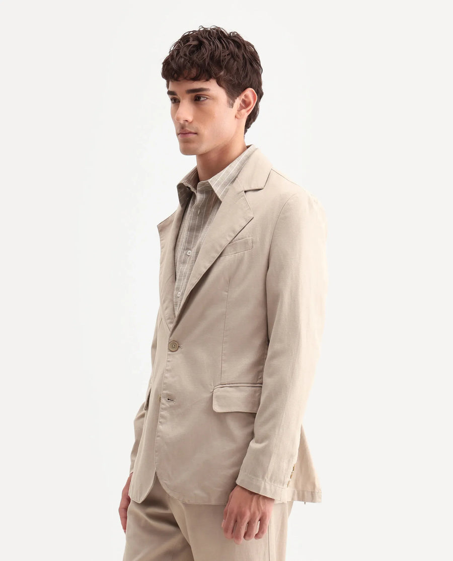 Rare Rabbit Men's Linol Beige Linen Blend Fabric Lapel Neck Tailored Fit Plain Blazer