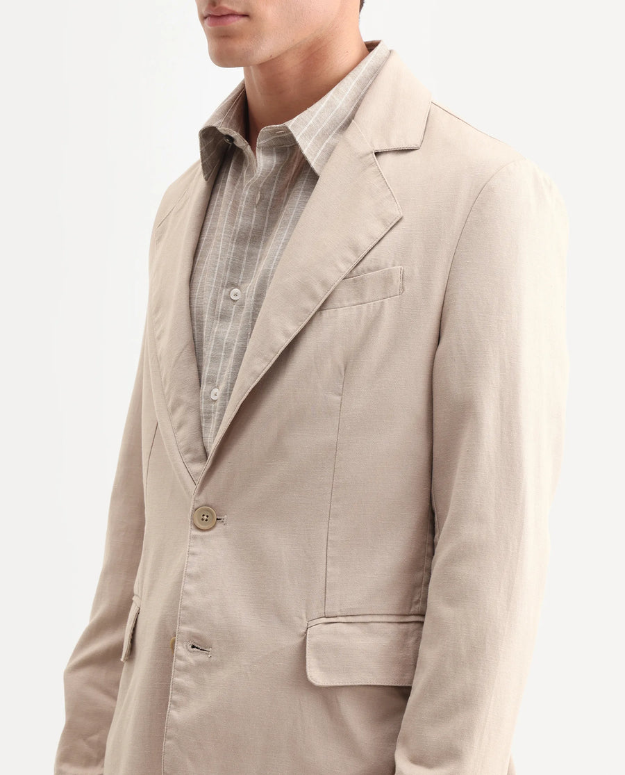 Rare Rabbit Men's Linol Beige Linen Blend Fabric Lapel Neck Tailored Fit Plain Blazer