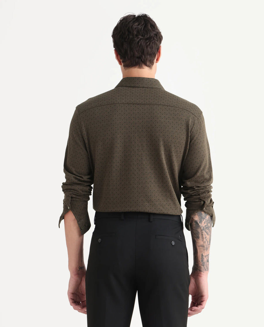 Rare Rabbit Men's Kupo Brown Cotton Blend Geometric Print Regular Fit Full Sleeve Collared Shirt