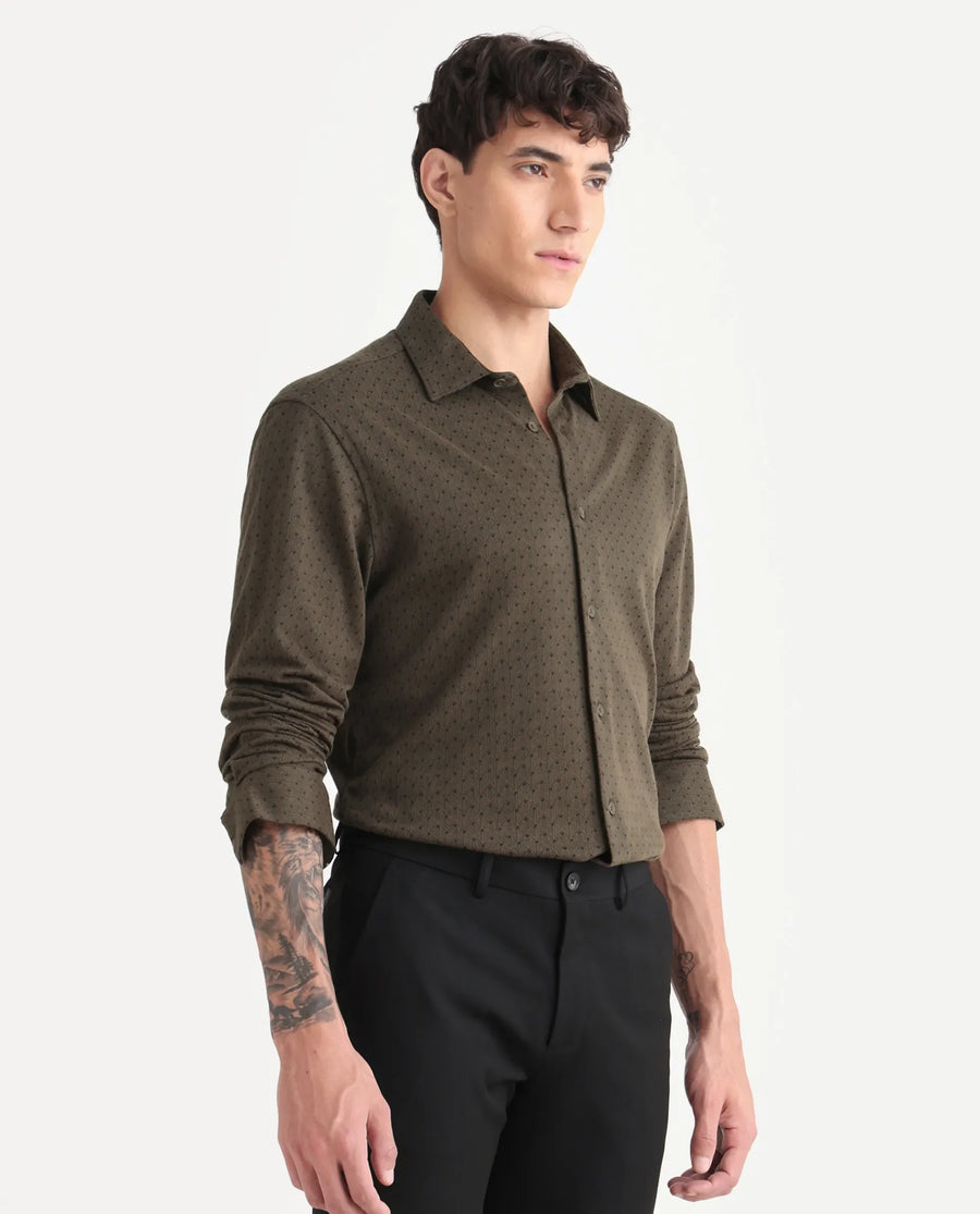 Rare Rabbit Men's Kupo Brown Cotton Blend Geometric Print Regular Fit Full Sleeve Collared Shirt