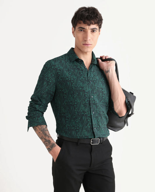 Rare Rabbit Men's Pat-25 Dark Green Viscose Paisley Print Regular Fit Full Sleeve Collared Shirt