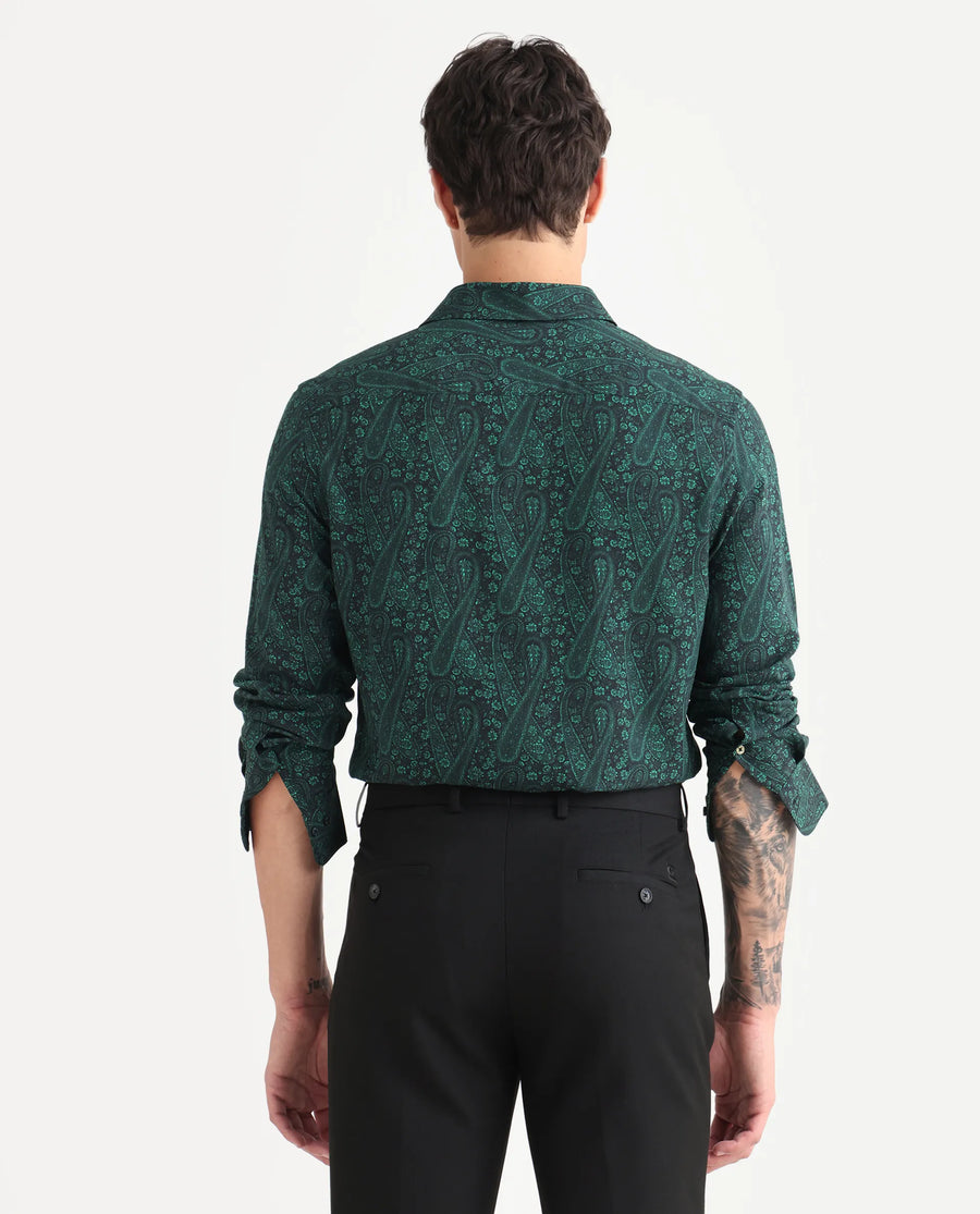 Rare Rabbit Men's Pat-25 Dark Green Viscose Paisley Print Regular Fit Full Sleeve Collared Shirt
