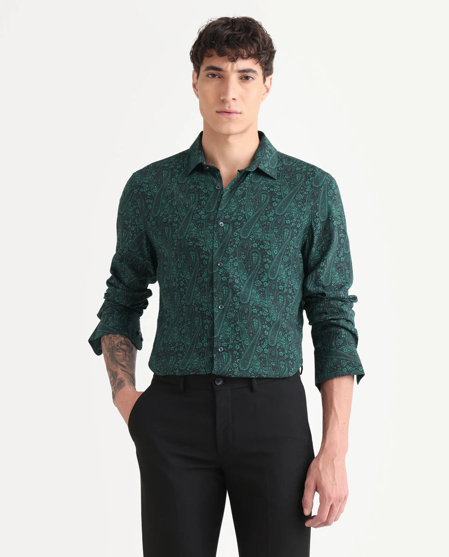 Rare Rabbit Men's Pat-25 Dark Green Viscose Paisley Print Regular Fit Full Sleeve Collared Shirt