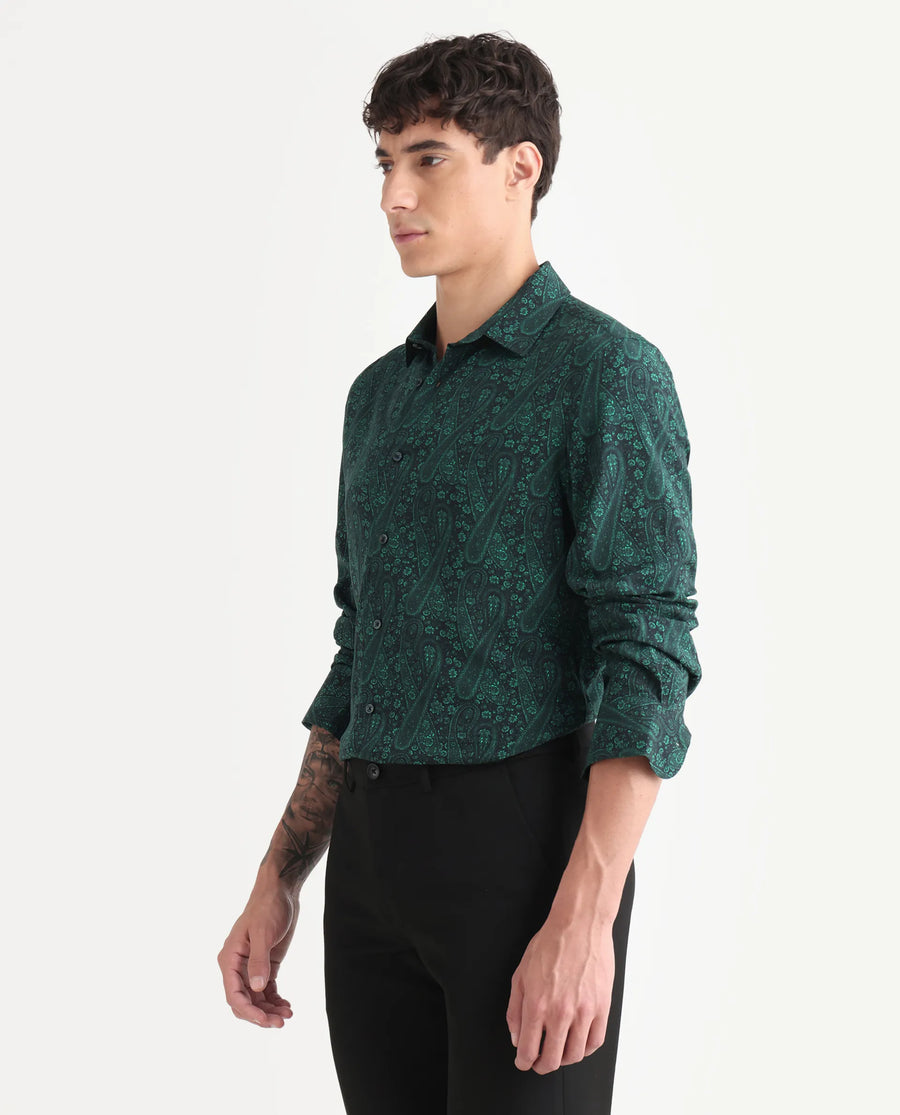 Rare Rabbit Men's Pat-25 Dark Green Viscose Paisley Print Regular Fit Full Sleeve Collared Shirt