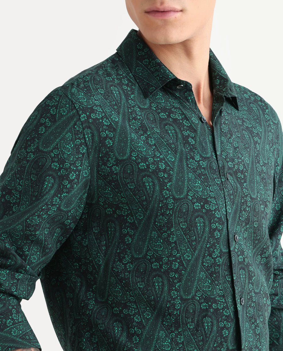 Rare Rabbit Men's Pat-25 Dark Green Viscose Paisley Print Regular Fit Full Sleeve Collared Shirt