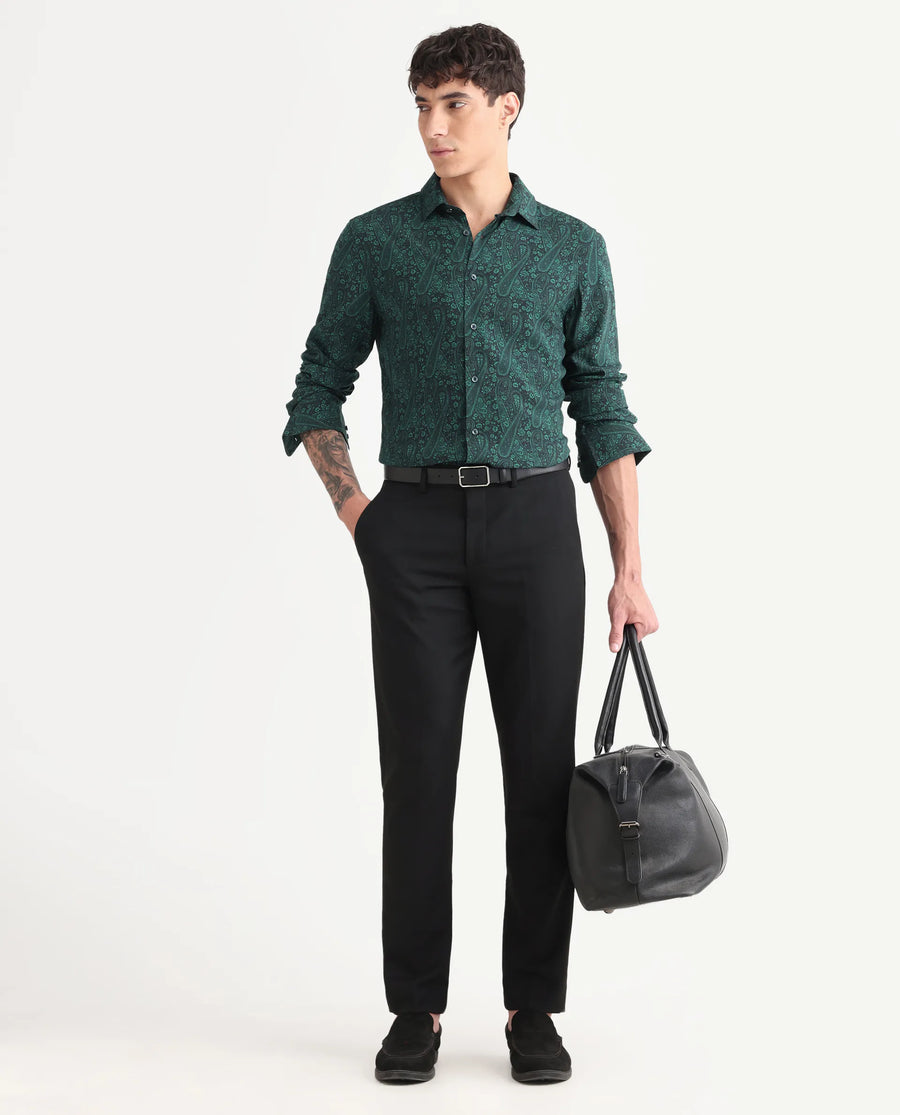 Rare Rabbit Men's Pat-25 Dark Green Viscose Paisley Print Regular Fit Full Sleeve Collared Shirt