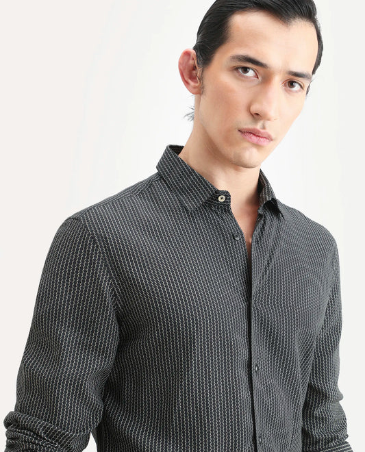 Rare Rabbit Men's Lyca Black Viscose Fabric Full Sleeve Collared Neck Geometric Print Shirt