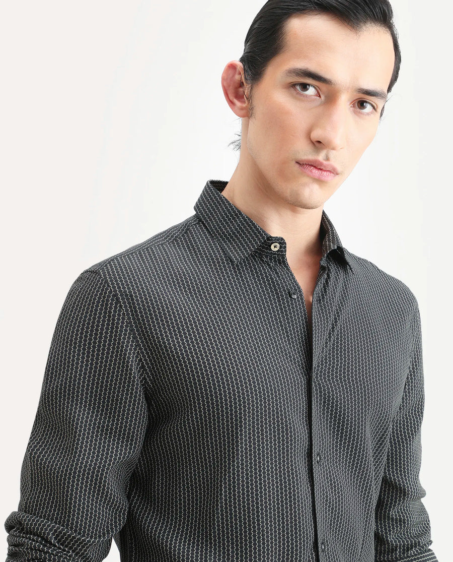 Rare Rabbit Men's Lyca Black Viscose Fabric Full Sleeve Collared Neck Geometric Print Shirt