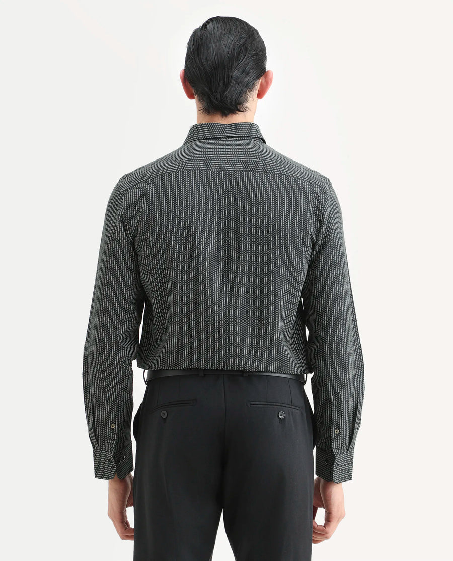Rare Rabbit Men's Lyca Black Viscose Fabric Full Sleeve Collared Neck Geometric Print Shirt