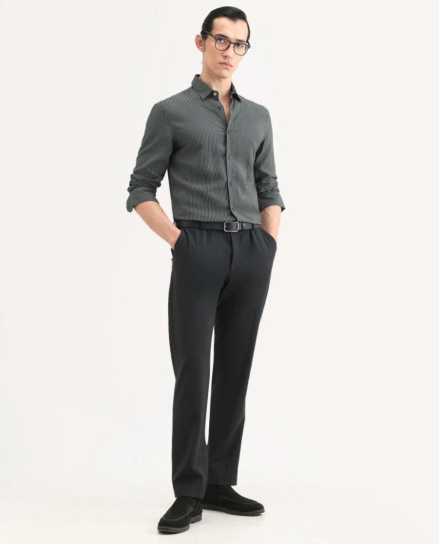 Rare Rabbit Men's Lyca Black Viscose Fabric Full Sleeve Collared Neck Geometric Print Shirt