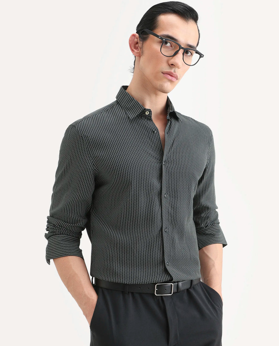 Rare Rabbit Men's Lyca Black Viscose Fabric Full Sleeve Collared Neck Geometric Print Shirt