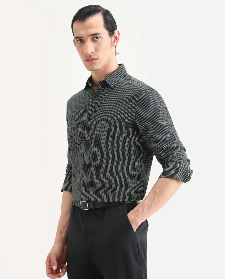 Rare Rabbit Men's Lyca Black Viscose Fabric Full Sleeve Collared Neck Geometric Print Shirt