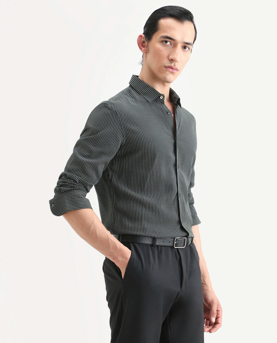 Rare Rabbit Men's Lyca Black Viscose Fabric Full Sleeve Collared Neck Geometric Print Shirt