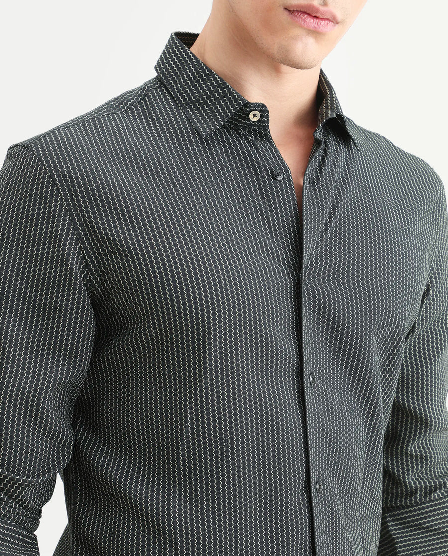 Rare Rabbit Men's Lyca Black Viscose Fabric Full Sleeve Collared Neck Geometric Print Shirt