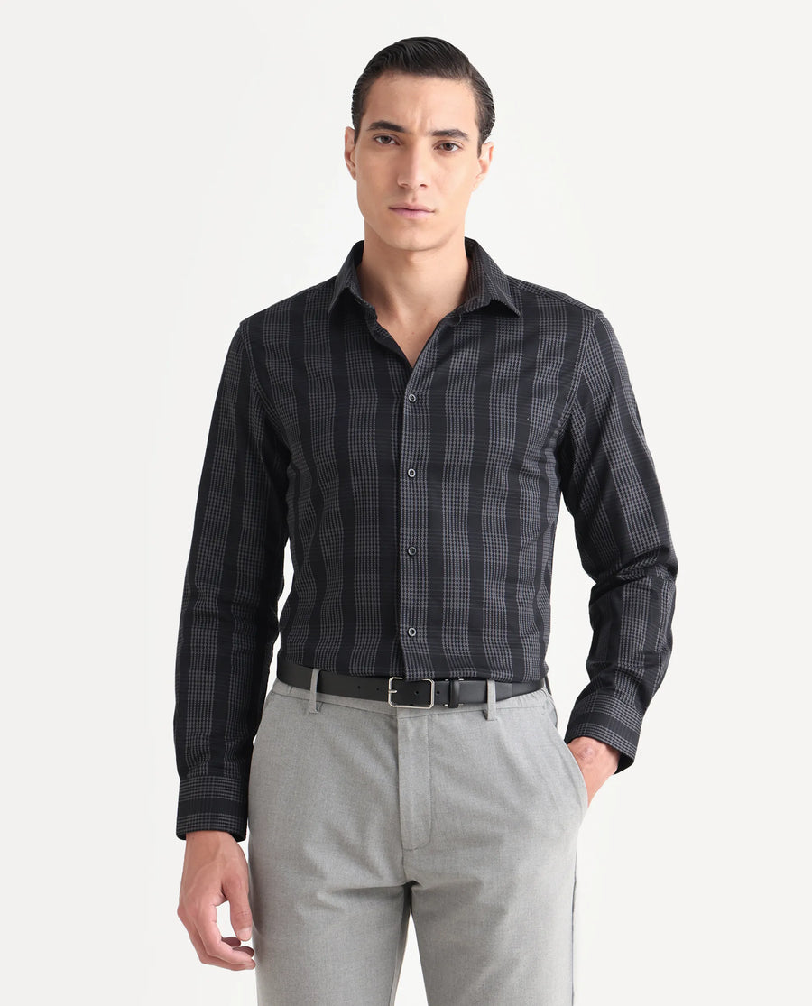 Rare Rabbit Men's Villum-25 Black Cotton Fabric Full Sleeve Collared Neck Regular Fit Striped Shirt