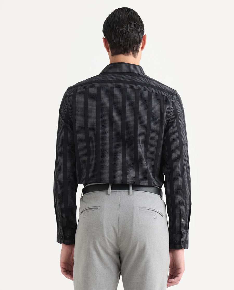 Rare Rabbit Men's Villum-25 Black Cotton Fabric Full Sleeve Collared Neck Regular Fit Striped Shirt