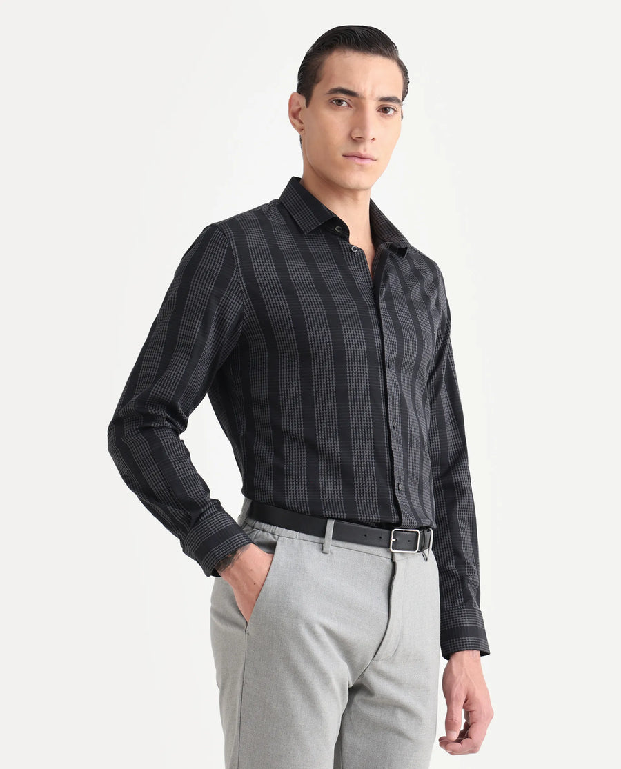 Rare Rabbit Men's Villum-25 Black Cotton Fabric Full Sleeve Collared Neck Regular Fit Striped Shirt