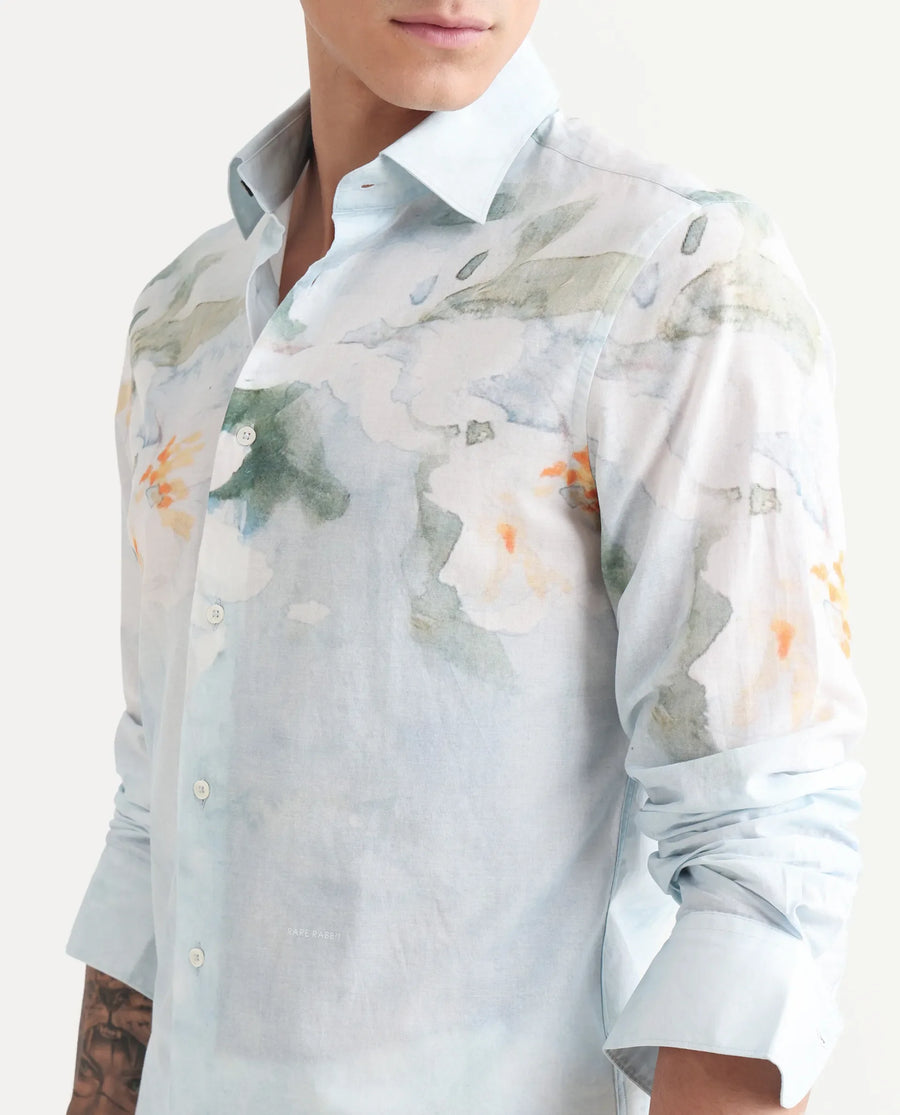 Rare Rabbit Men's Bepa-25 Light Blue Cotton Blend Floral Print Regular Fit Full Sleeve Collared Shirt