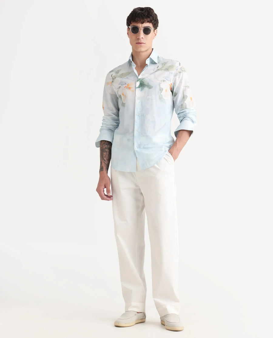 Rare Rabbit Men's Bepa-25 Light Blue Cotton Blend Floral Print Regular Fit Full Sleeve Collared Shirt