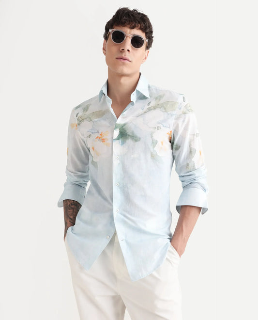Rare Rabbit Men's Bepa-25 Light Blue Cotton Blend Floral Print Regular Fit Full Sleeve Collared Shirt