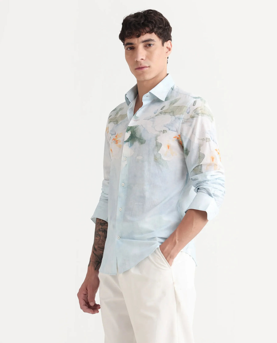 Rare Rabbit Men's Bepa-25 Light Blue Cotton Blend Floral Print Regular Fit Full Sleeve Collared Shirt