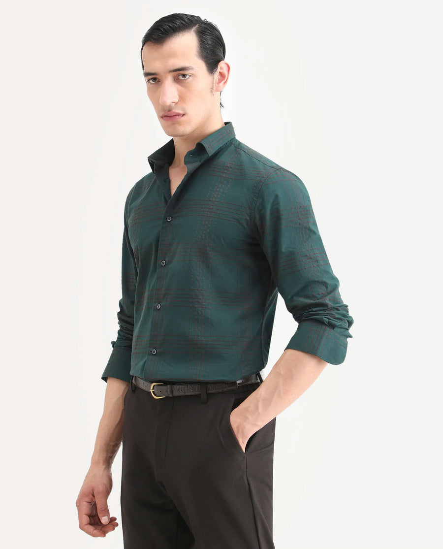 Rare Rabbit Men's Vola-25 Dark Green Cotton Fabric Full Sleeve Regular Fit Checked Shirt
