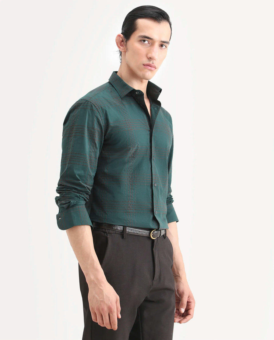 Rare Rabbit Men's Vola-25 Dark Green Cotton Fabric Full Sleeve Regular Fit Checked Shirt