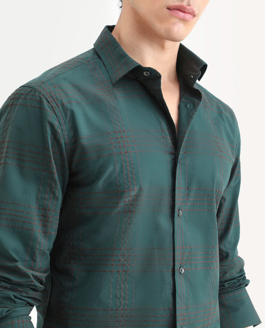 Rare Rabbit Men's Vola-25 Dark Green Cotton Fabric Full Sleeve Regular Fit Checked Shirt