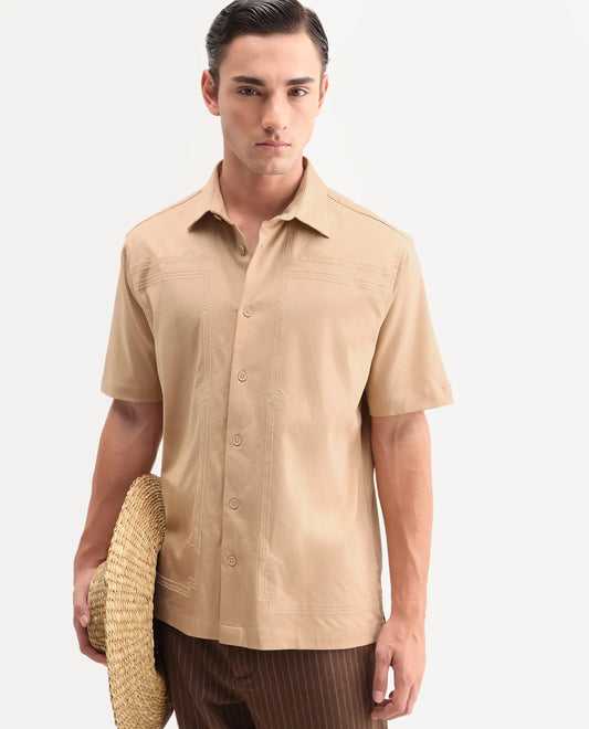Rare Rabbit Men's Jupi Beige Cotton Fabric Spread Collar Regular Fit Embroidered Shirt