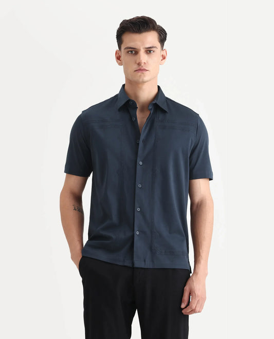 Rare Rabbit Men's Jupi Navy Cotton Fabric Spread Collar Regular Fit Embroidered Shirt