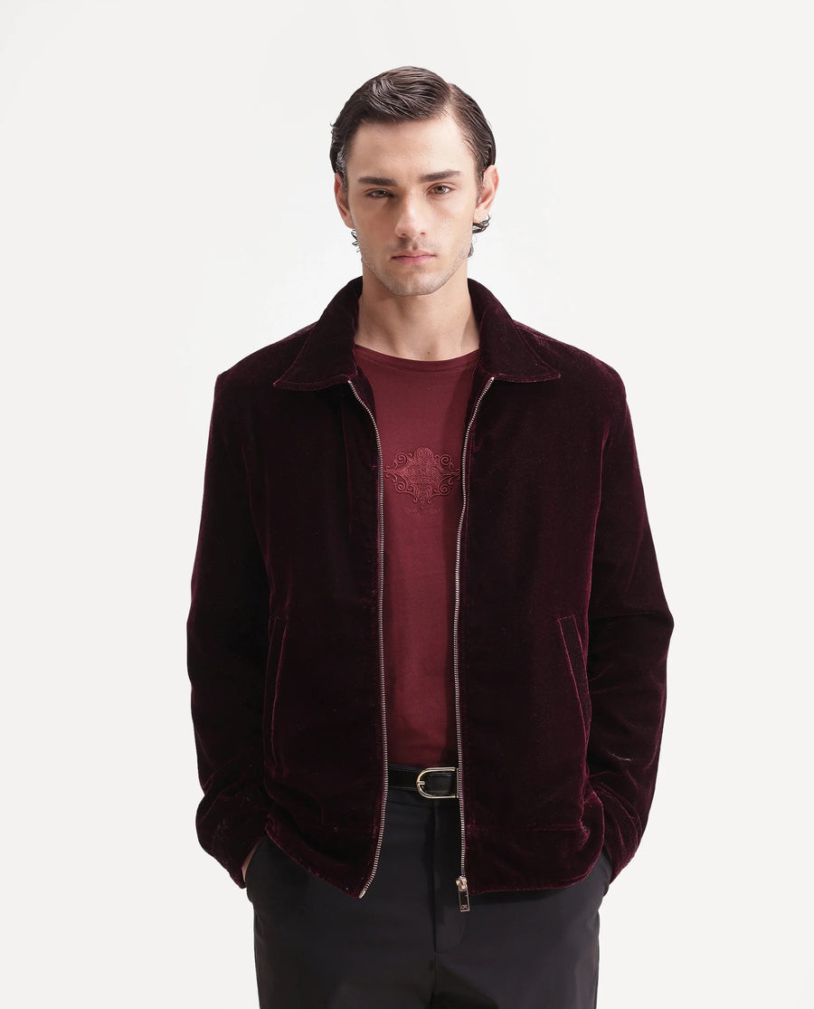 Rare Rabbit Men's Otaki-25 Maroon Lurex Blend Plain Regular Fit Full Sleeve Spread Collar Jacket