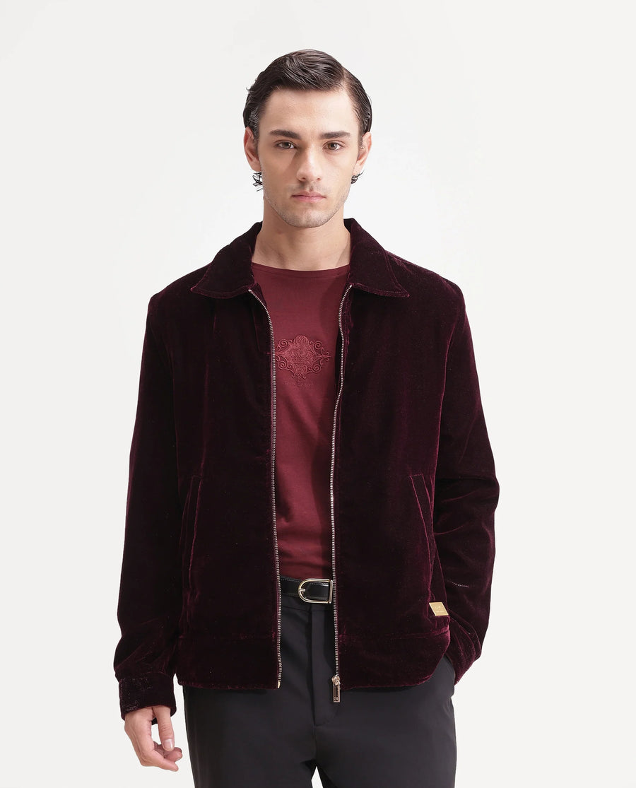 Rare Rabbit Men's Otaki-25 Maroon Lurex Blend Plain Regular Fit Full Sleeve Spread Collar Jacket