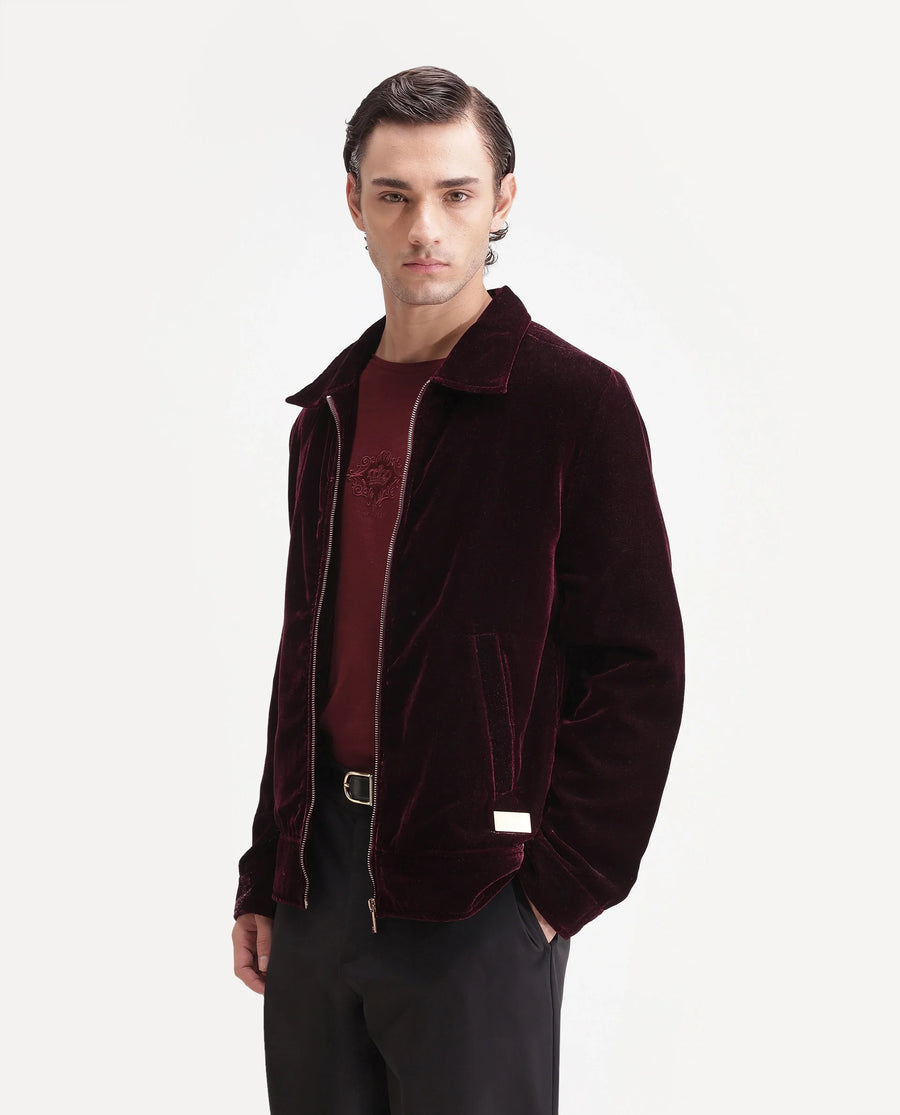 Rare Rabbit Men's Otaki-25 Maroon Lurex Blend Plain Regular Fit Full Sleeve Spread Collar Jacket