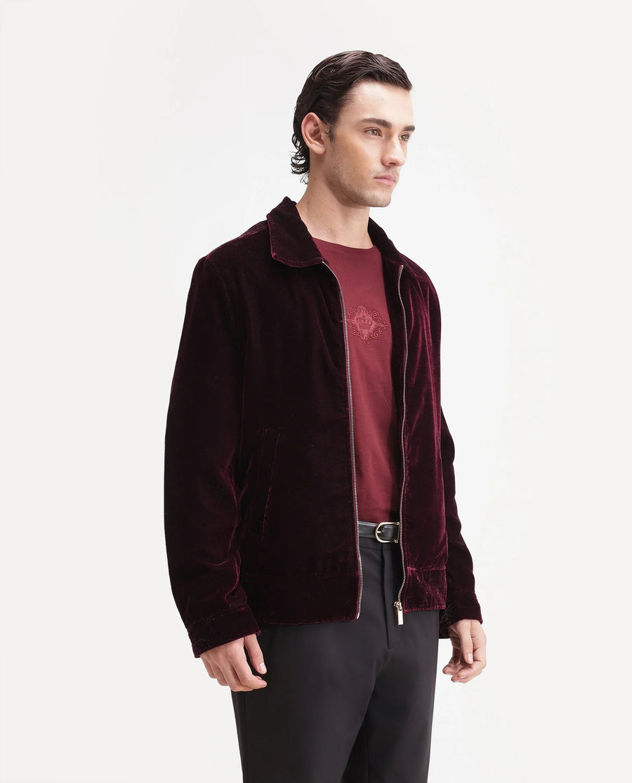 Rare Rabbit Men's Otaki-25 Maroon Lurex Blend Plain Regular Fit Full Sleeve Spread Collar Jacket