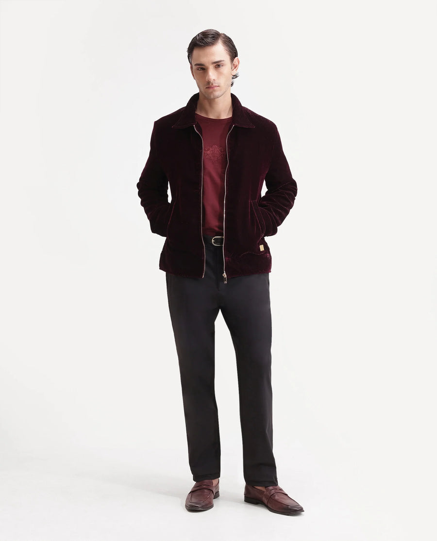 Rare Rabbit Men's Otaki-25 Maroon Lurex Blend Plain Regular Fit Full Sleeve Spread Collar Jacket