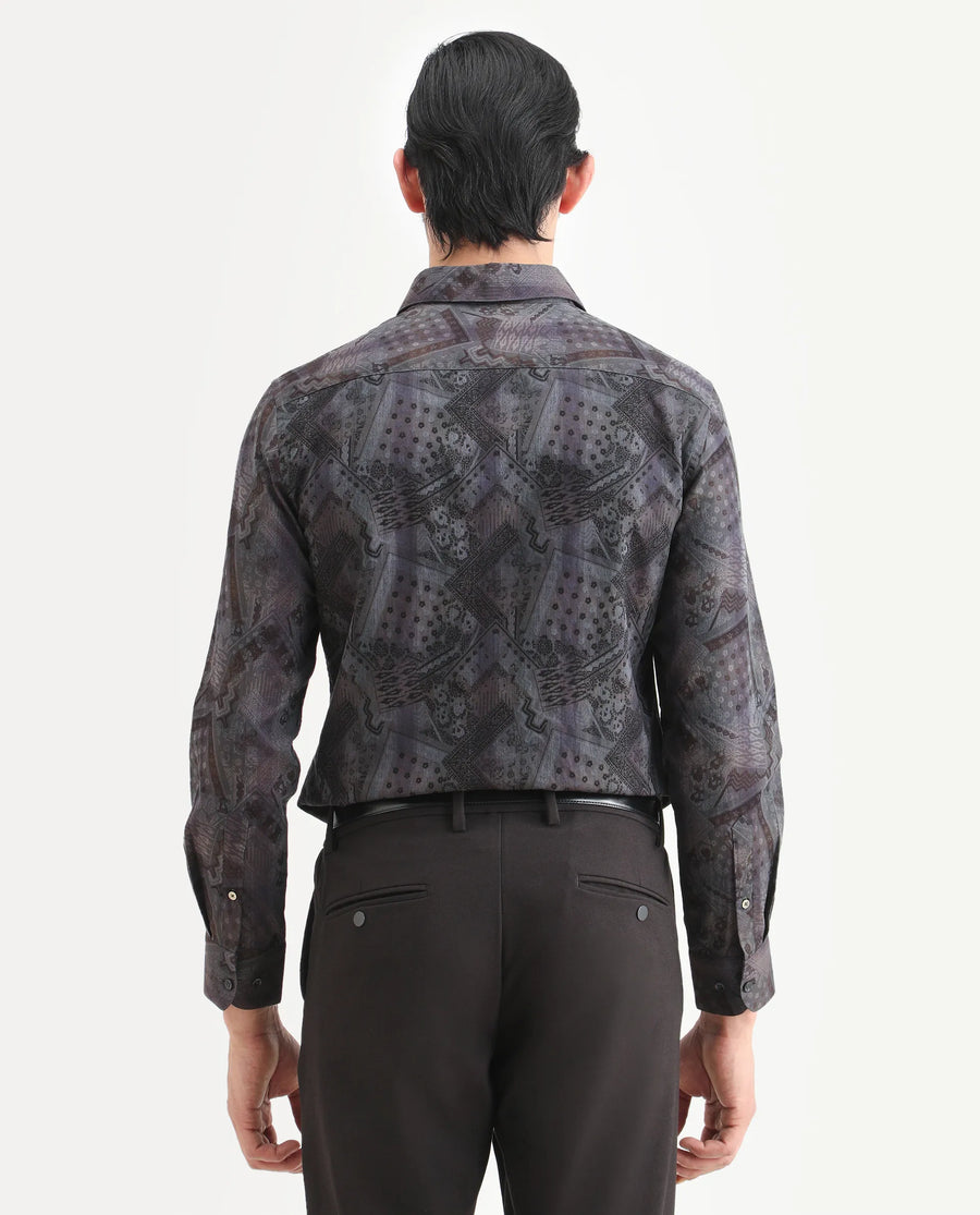 Rare Rabbit Men's Drig Purple Cotton Blend Spread Collar Regular Fit Abstract Print Shirt
