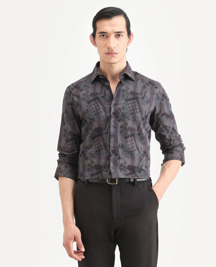 Rare Rabbit Men's Drig Purple Cotton Blend Spread Collar Regular Fit Abstract Print Shirt