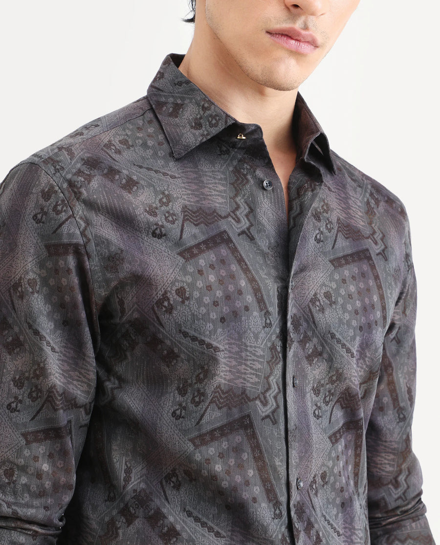 Rare Rabbit Men's Drig Purple Cotton Blend Spread Collar Regular Fit Abstract Print Shirt