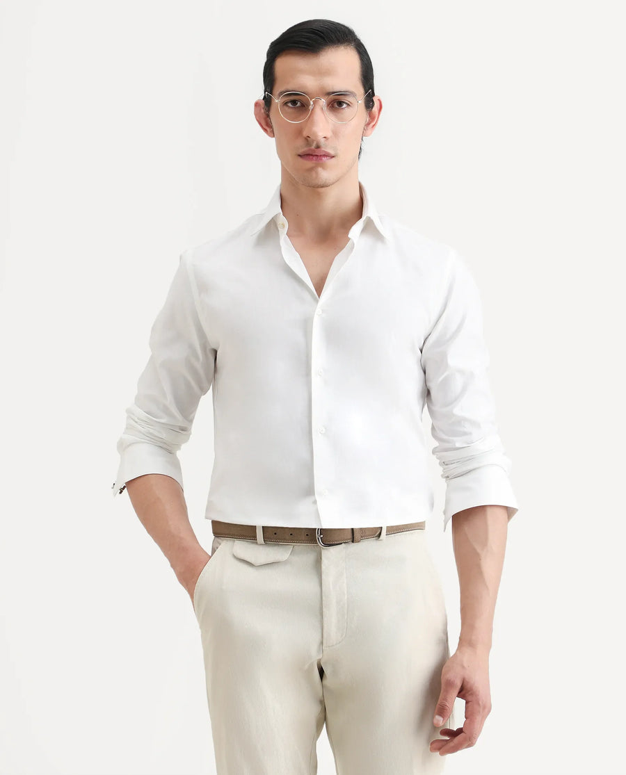 Rare Rabbit Men's Bliv White Cotton Spread Collar Regular Fit Plain Shirt