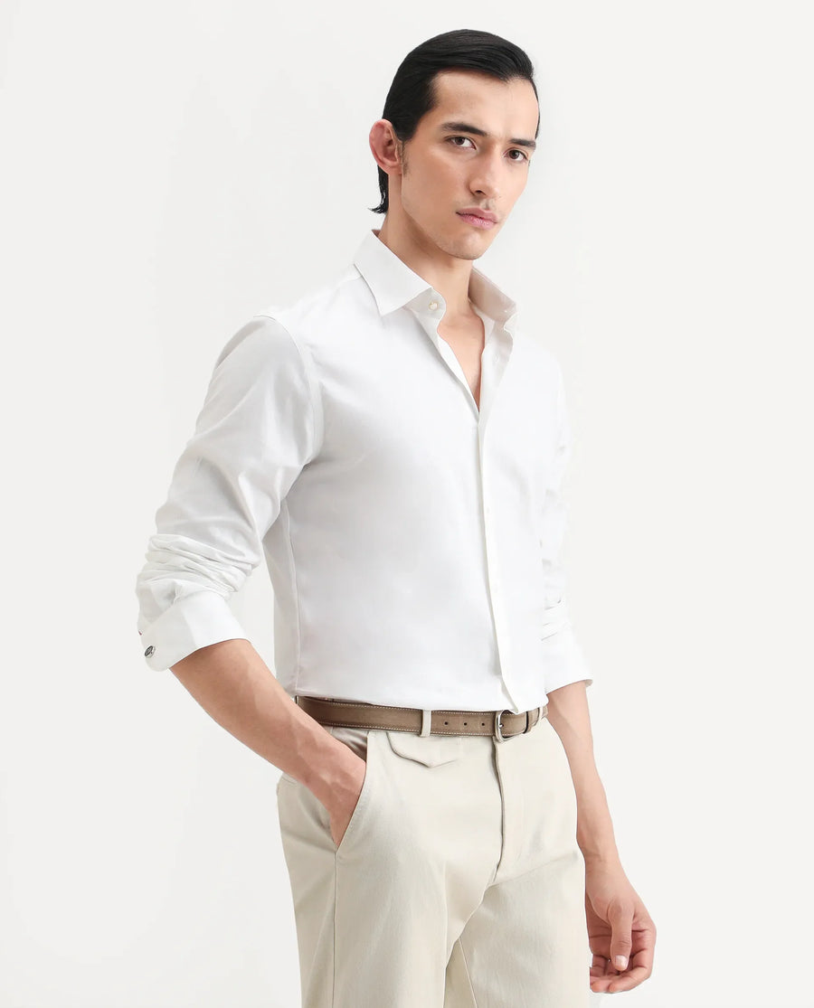 Rare Rabbit Men's Bliv White Cotton Spread Collar Regular Fit Plain Shirt