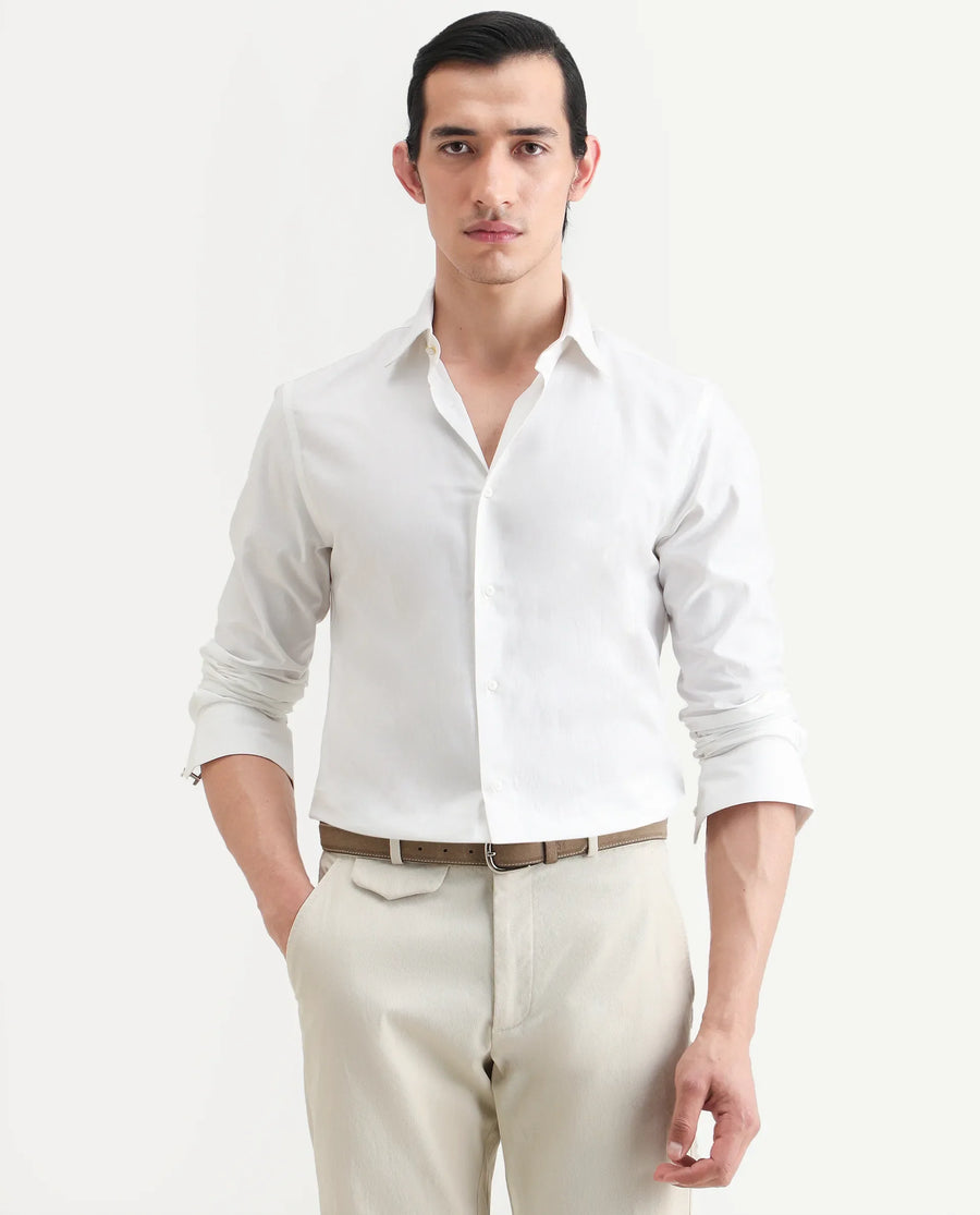 Rare Rabbit Men's Bliv White Cotton Spread Collar Regular Fit Plain Shirt