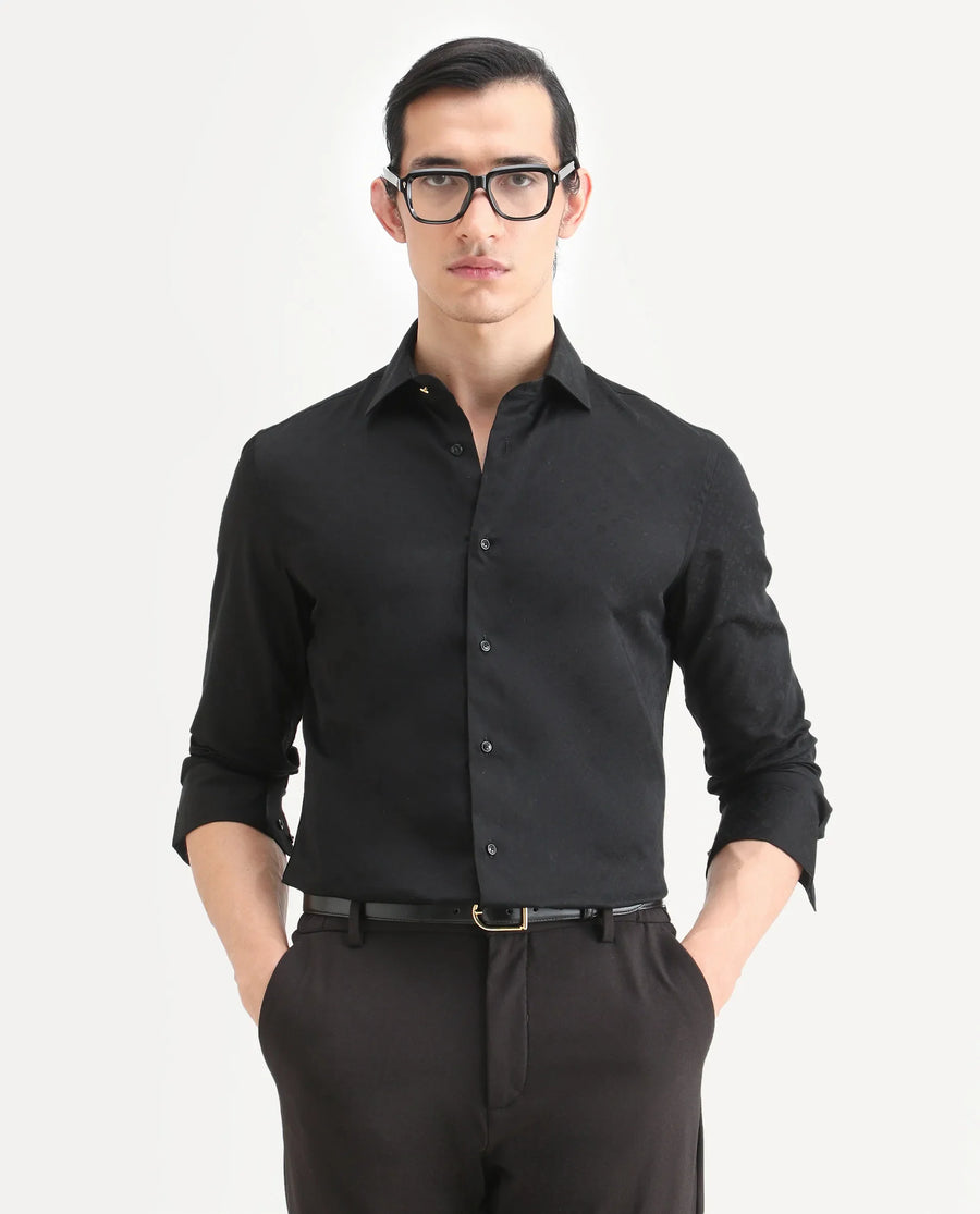 Rare Rabbit Men's Klut Black Cotton Blend Fabric Spread Collar Regular Fit Jacquard Shirt