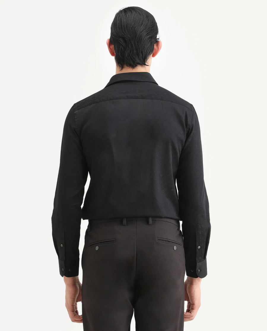 Rare Rabbit Men's Klut Black Cotton Blend Fabric Spread Collar Regular Fit Jacquard Shirt