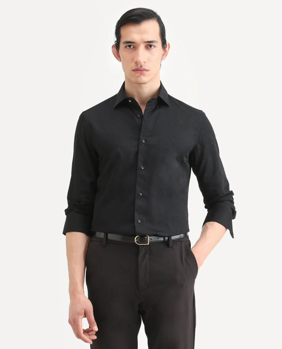 Rare Rabbit Men's Klut Black Cotton Blend Fabric Spread Collar Regular Fit Jacquard Shirt