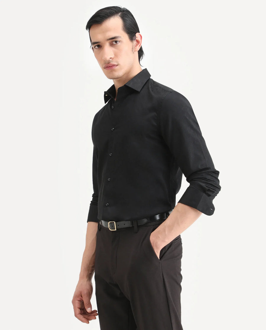 Rare Rabbit Men's Klut Black Cotton Blend Fabric Spread Collar Regular Fit Jacquard Shirt